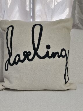 NEW - 'Darling' Script Decorative 26" Throw Pillow - Cream with Black Embroidery